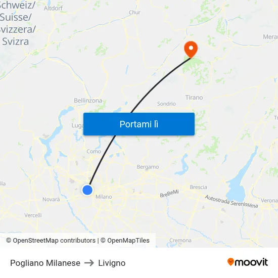 Pogliano Milanese to Livigno map