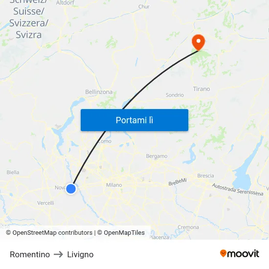 Romentino to Livigno map