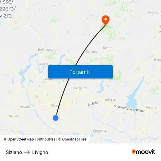 Siziano to Livigno map