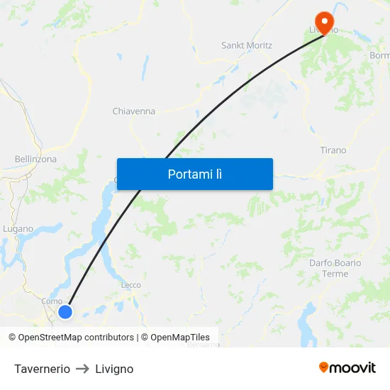 Tavernerio to Livigno map