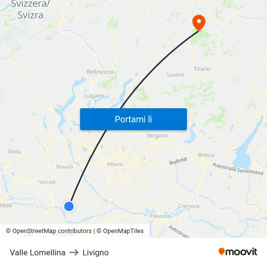 Valle Lomellina to Livigno map