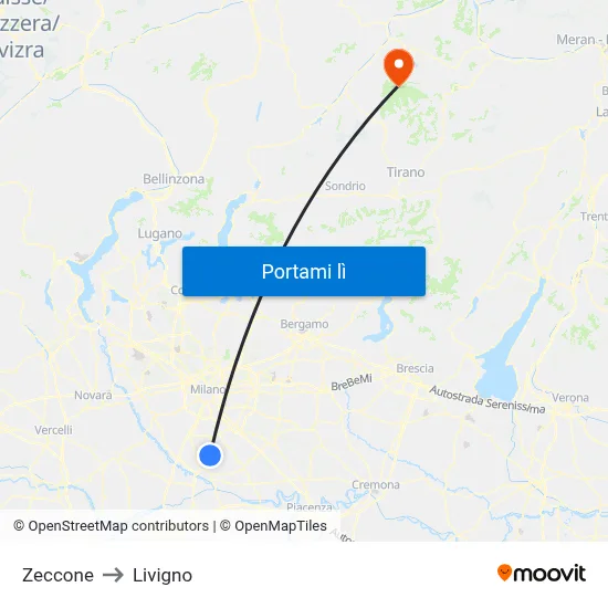 Zeccone to Livigno map
