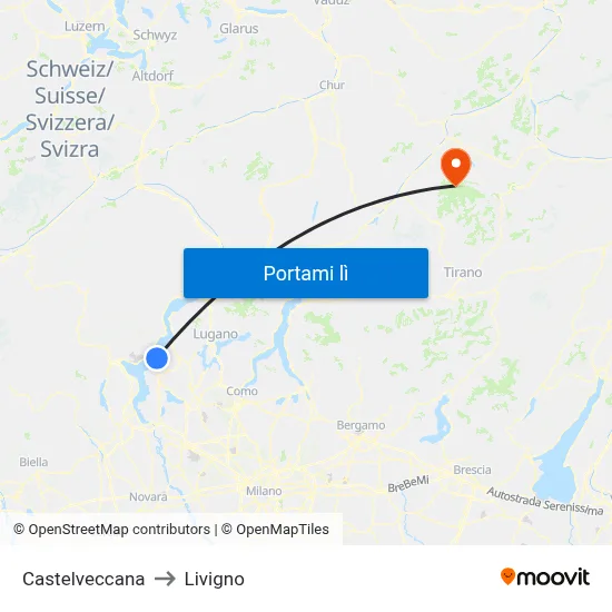 Castelveccana to Livigno map