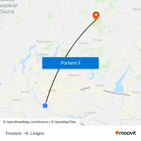 Trivolzio to Livigno map