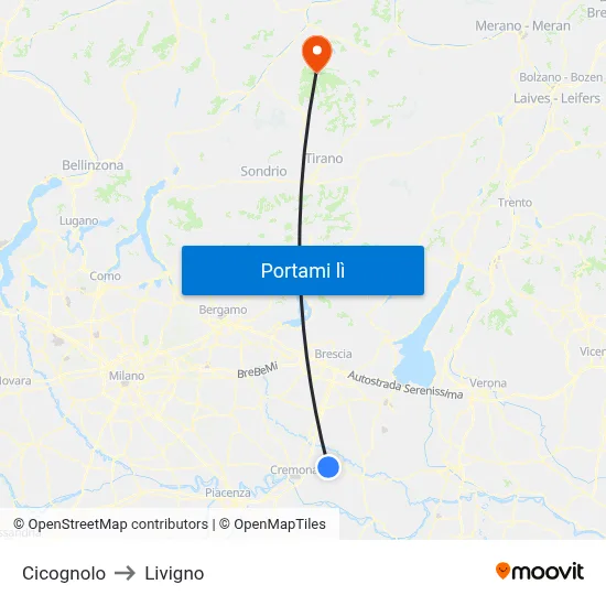 Cicognolo to Livigno map