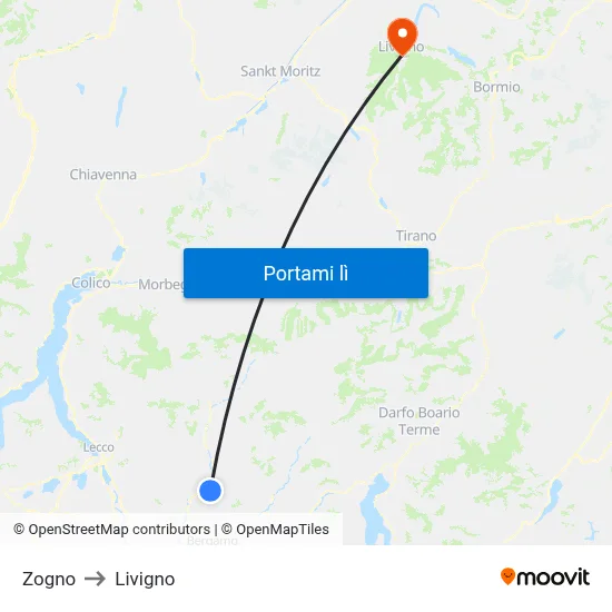 Zogno to Livigno map