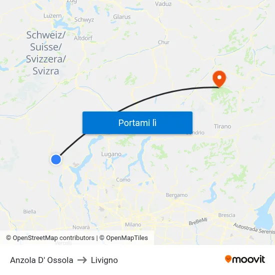Anzola D' Ossola to Livigno map