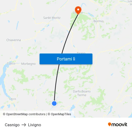 Casnigo to Livigno map