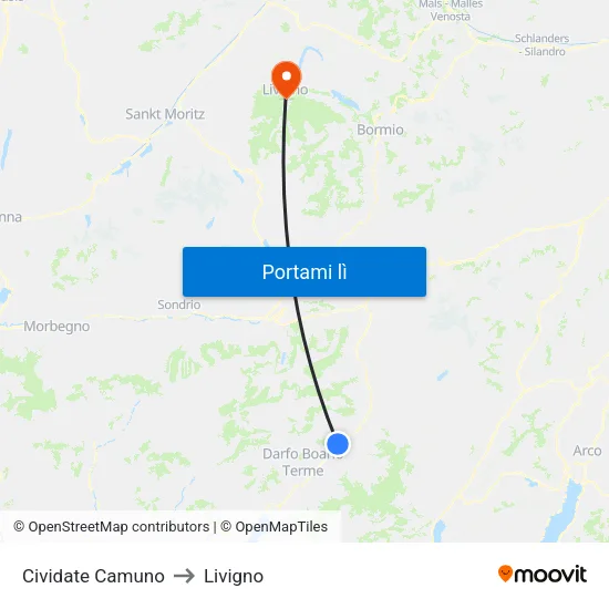 Cividate Camuno to Livigno map