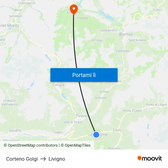 Corteno Golgi to Livigno map