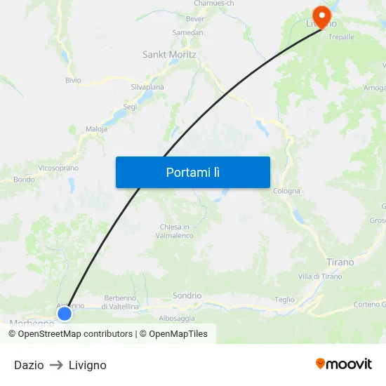 Dazio to Livigno map