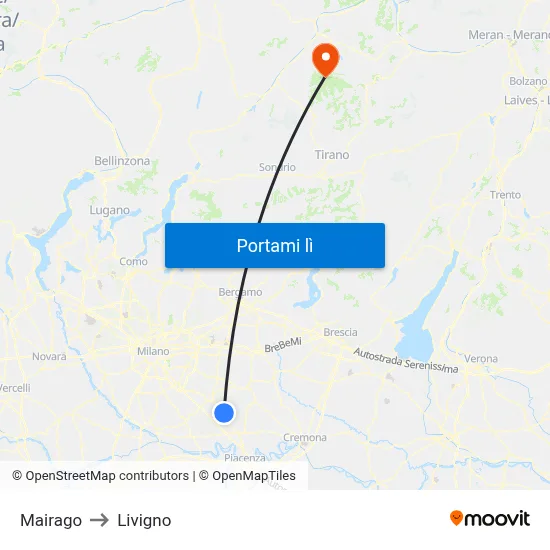 Mairago to Livigno map