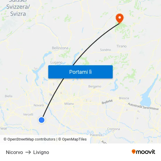 Nicorvo to Livigno map