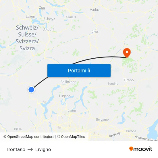 Trontano to Livigno map