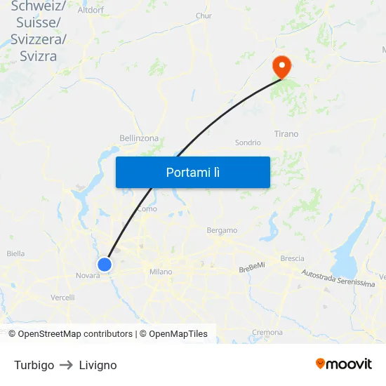 Turbigo to Livigno map