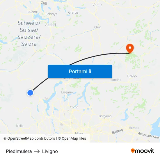 Piedimulera to Livigno map
