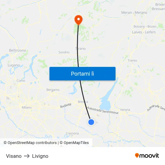 Visano to Livigno map