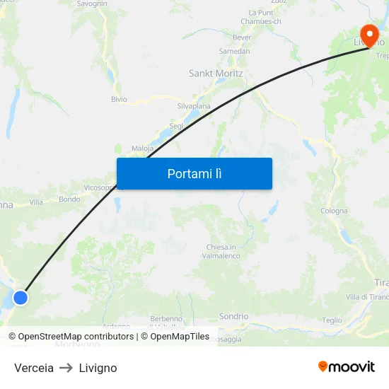 Verceia to Livigno map