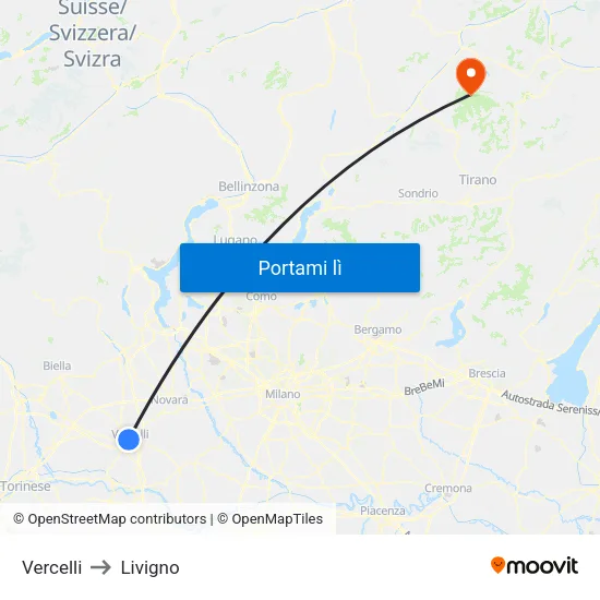 Vercelli to Livigno map
