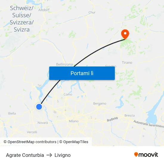 Agrate Conturbia to Livigno map