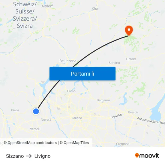 Sizzano to Livigno map