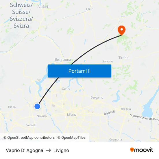 Vaprio D' Agogna to Livigno map