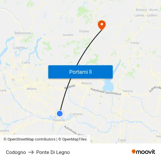 Codogno to Ponte Di Legno map