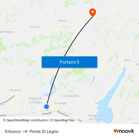Erbusco to Ponte Di Legno map