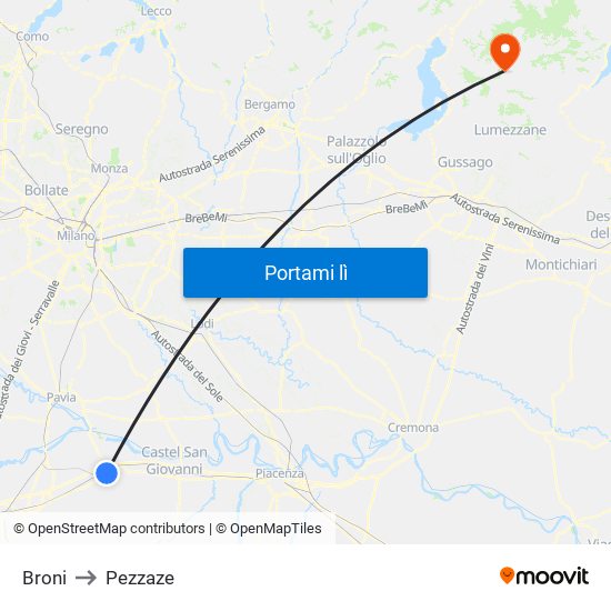 Broni to Pezzaze map