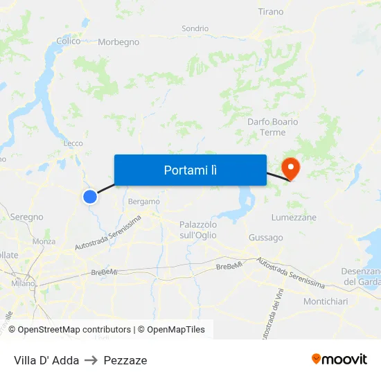 Villa D' Adda to Pezzaze map
