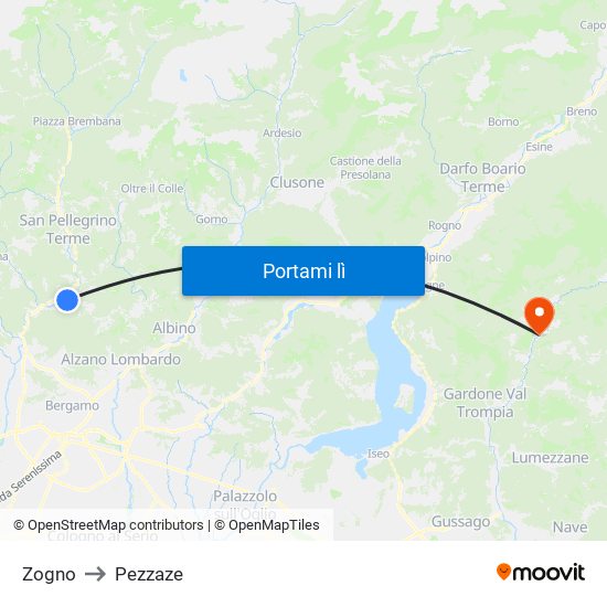 Zogno to Pezzaze map