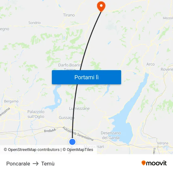 Poncarale to Temù map