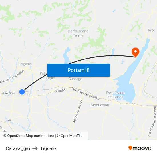 Caravaggio to Tignale map