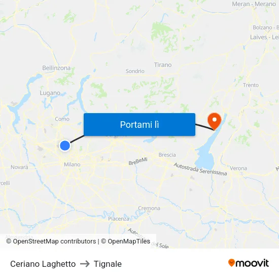 Ceriano Laghetto to Tignale map
