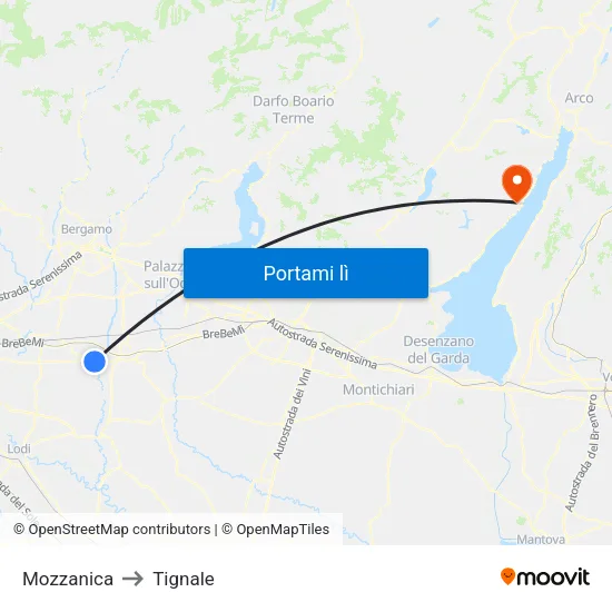 Mozzanica to Tignale map