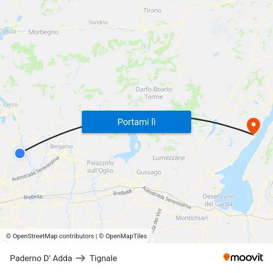 Paderno D' Adda to Tignale map