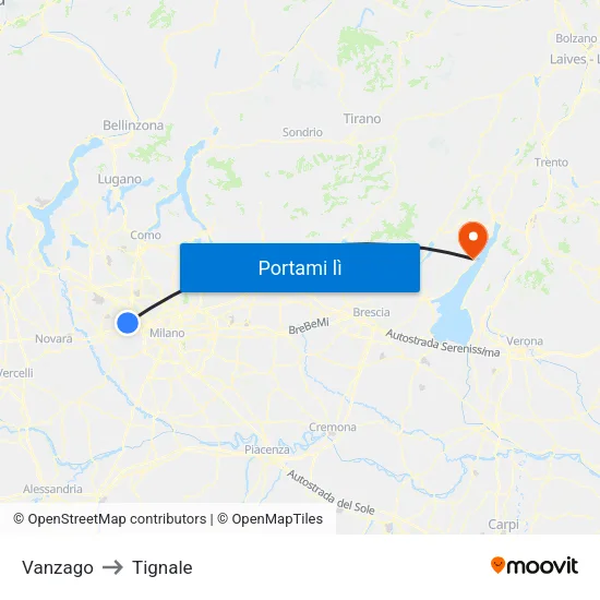 Vanzago to Tignale map