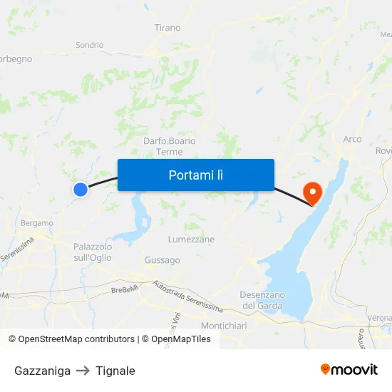 Gazzaniga to Tignale map