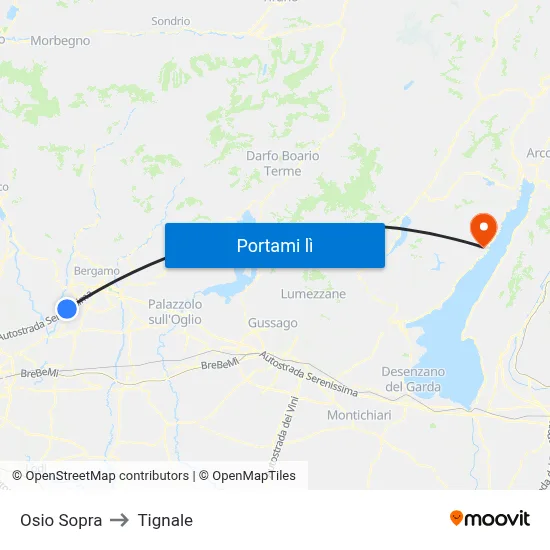 Osio Sopra to Tignale map