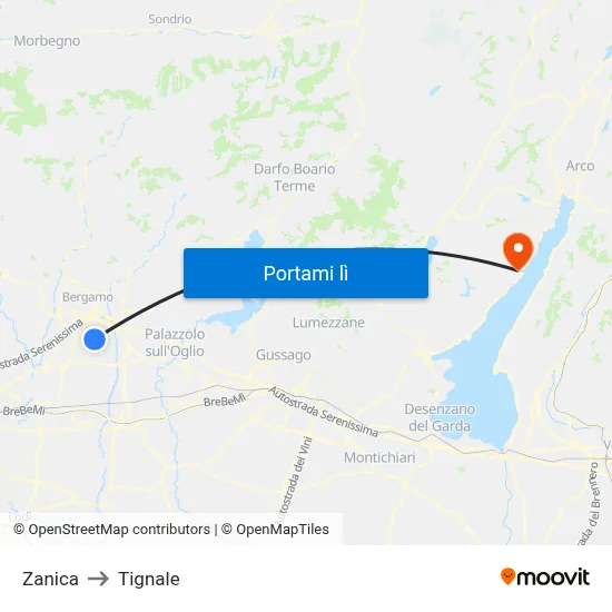 Zanica to Tignale map