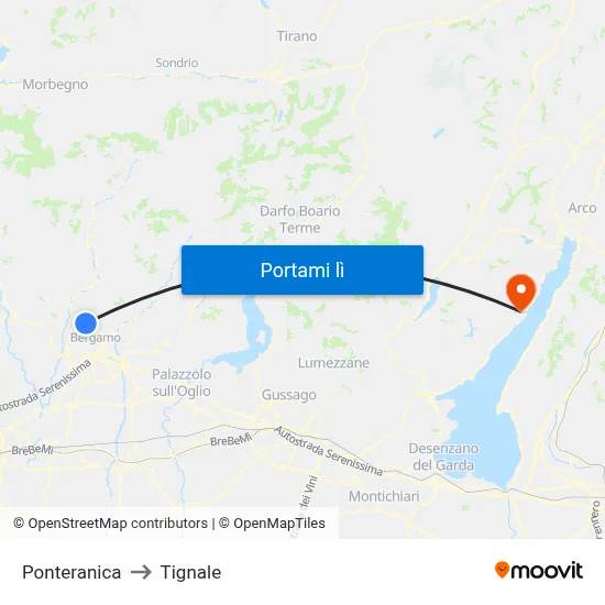 Ponteranica to Tignale map
