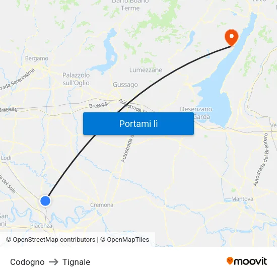 Codogno to Tignale map