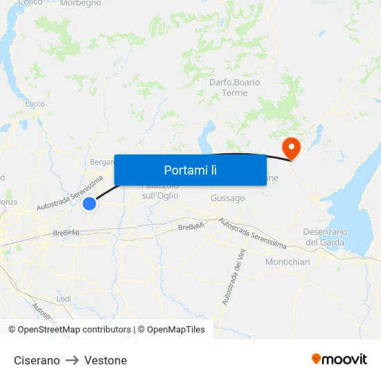 Ciserano to Vestone map