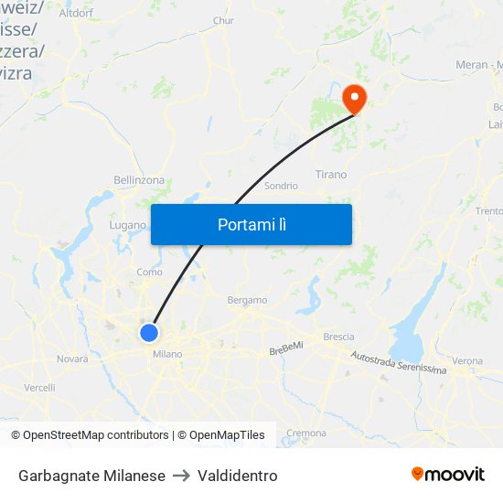 Garbagnate Milanese to Valdidentro map