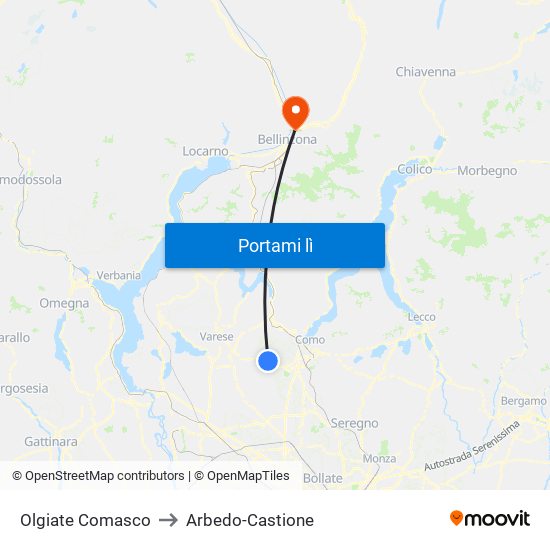 Olgiate Comasco to Arbedo-Castione map