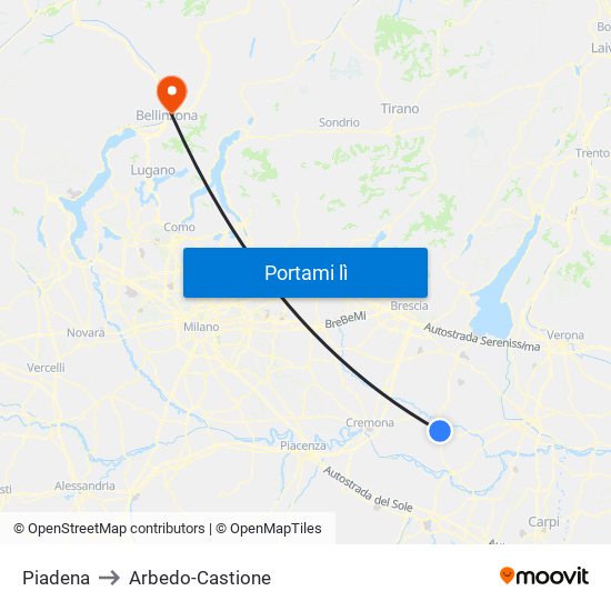 Piadena to Arbedo-Castione map