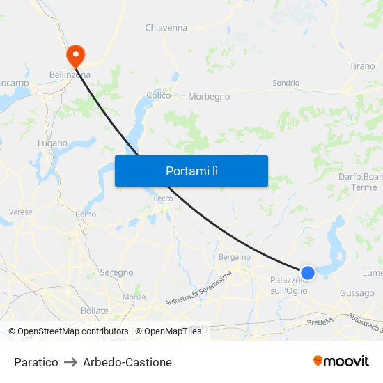 Paratico to Arbedo-Castione map