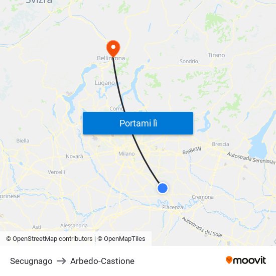 Secugnago to Arbedo-Castione map
