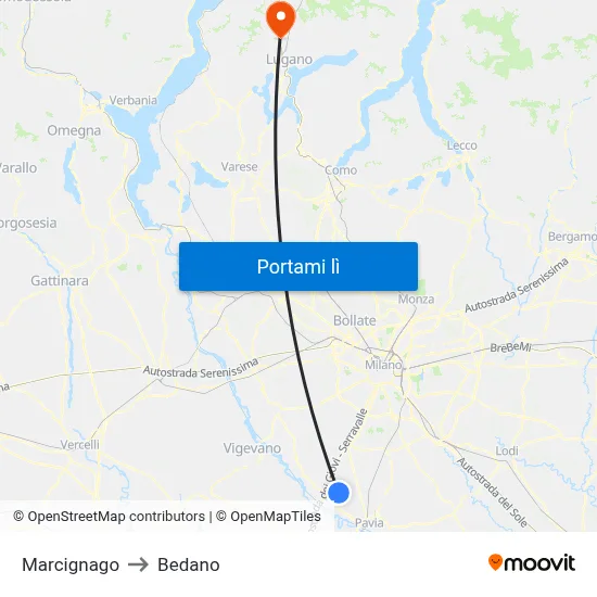 Marcignago to Bedano map