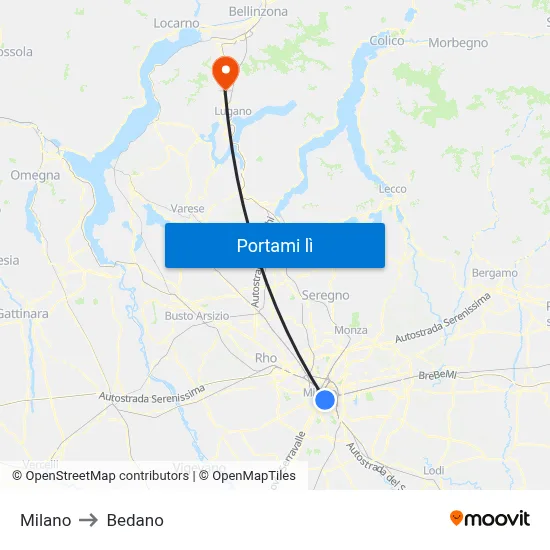 Milano to Bedano map